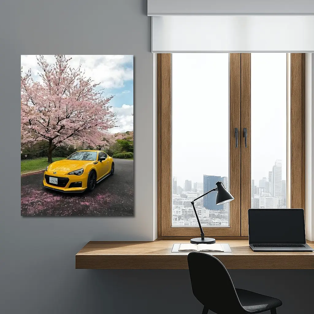 Subaru BRZ Yellow Under Cherry Blossoms – Wall Art