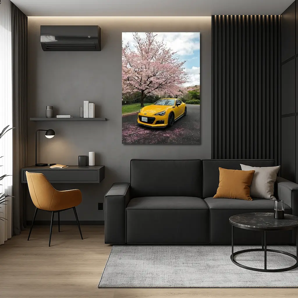 Subaru BRZ Yellow Under Cherry Blossoms – Wall Art