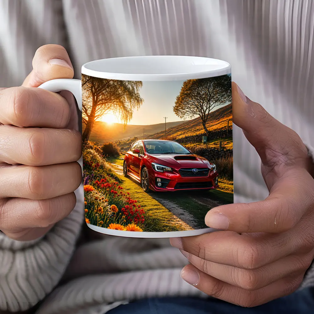Subaru WRX Red Sedan Rural Sunset Setting – Mugs