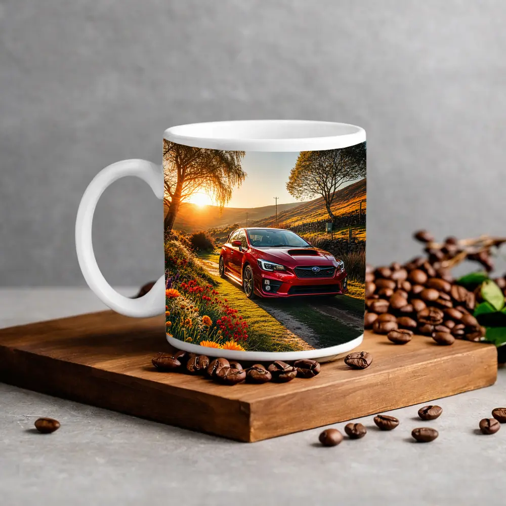 Subaru WRX Red Sedan Rural Sunset Setting – Mugs