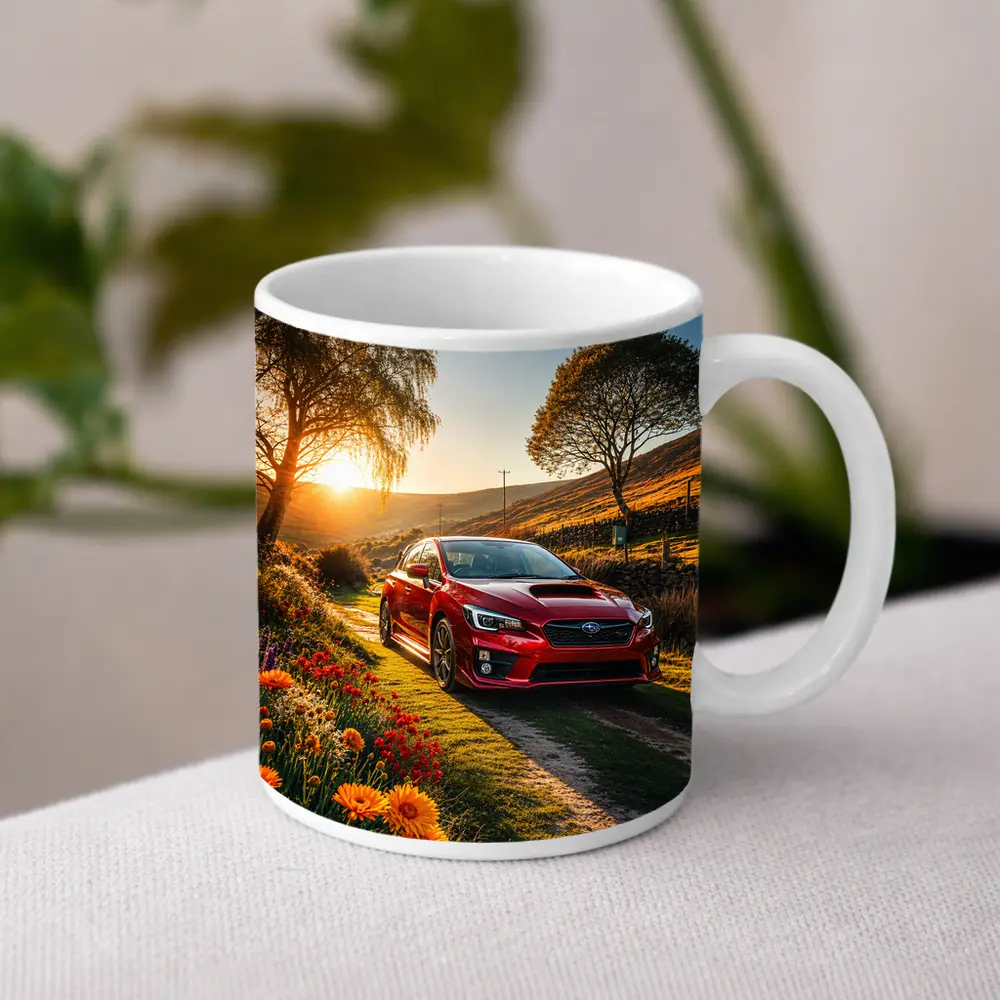 Subaru WRX Red Sedan Rural Sunset Setting – Mugs