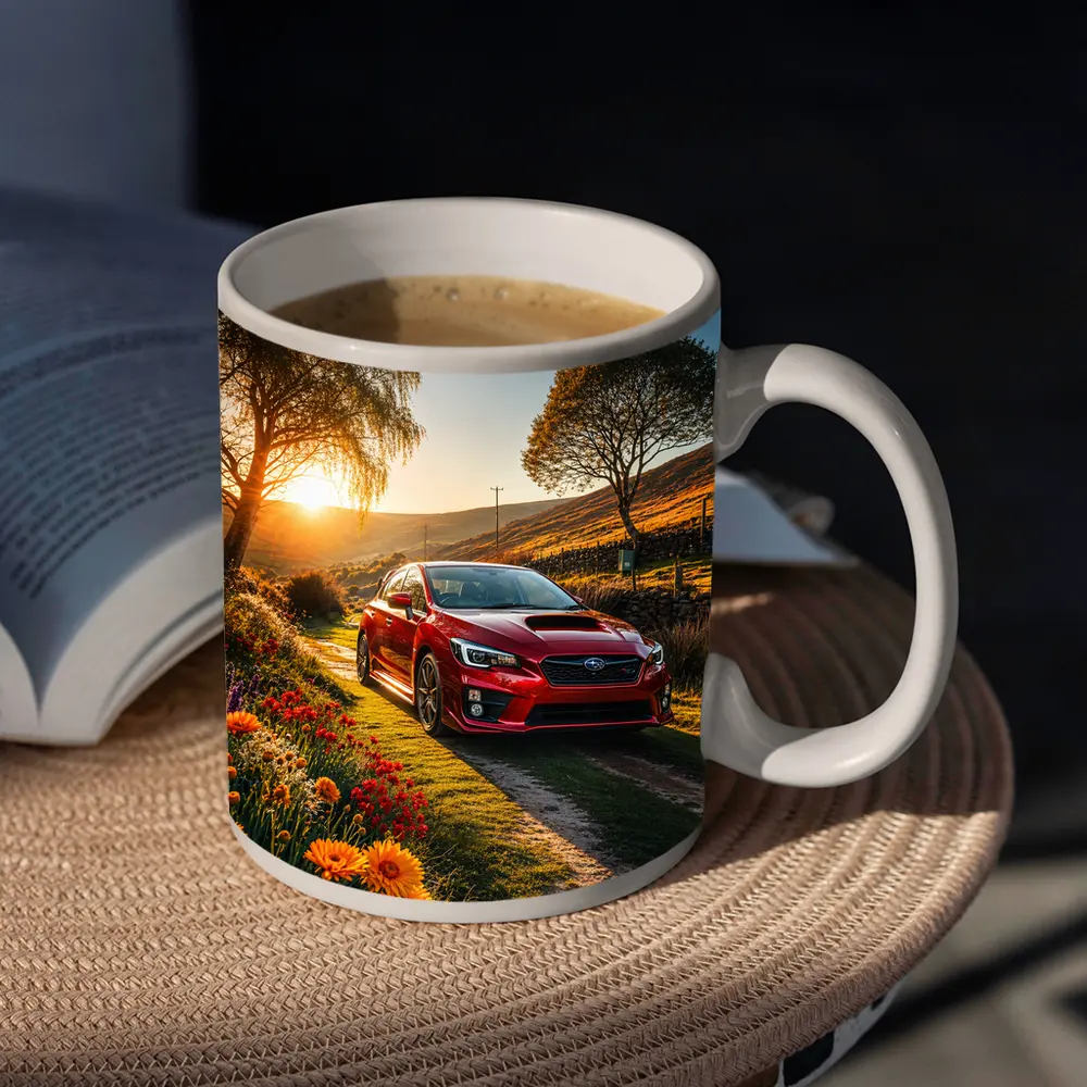 Subaru WRX Red Sedan Rural Sunset Setting – Mugs