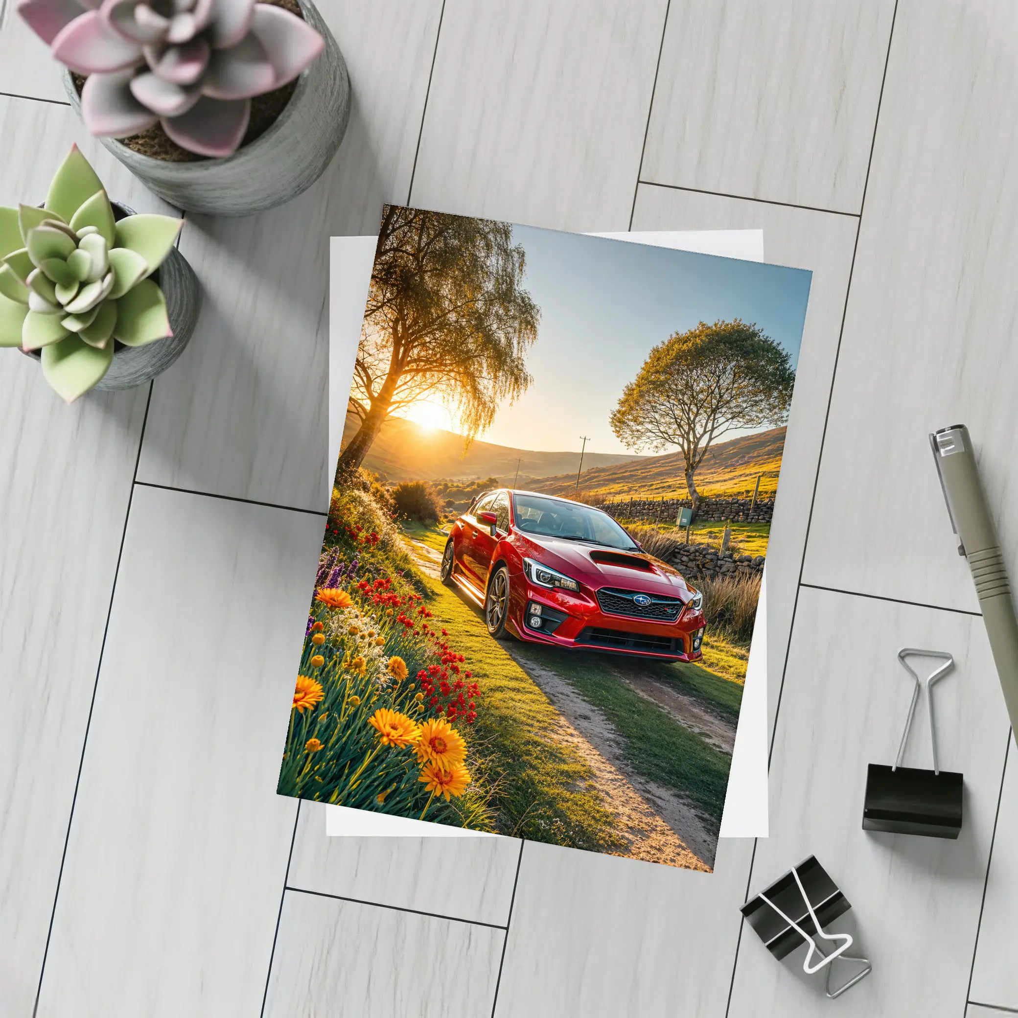 Subaru WRX Red Sedan Rural Sunset Setting – Postcards