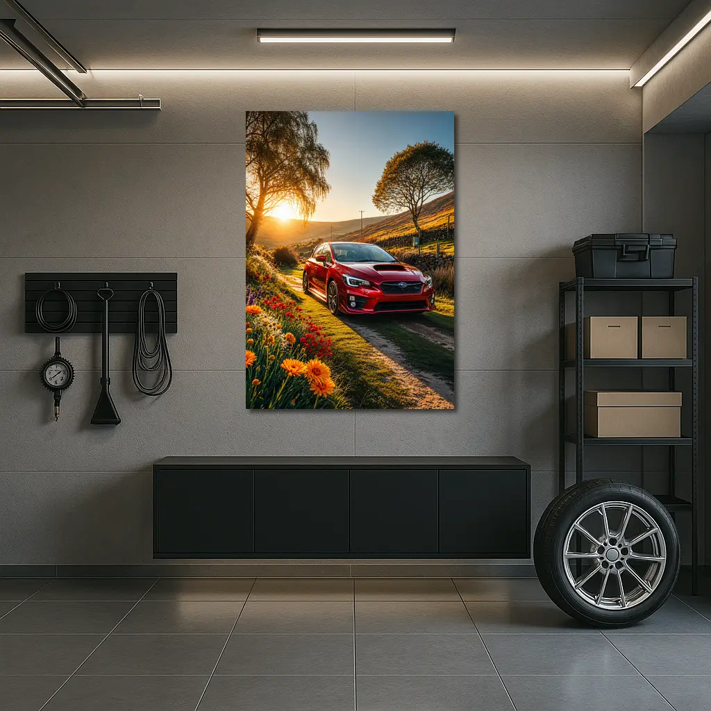Subaru WRX Red Sedan Rural Sunset Setting – Wall Art