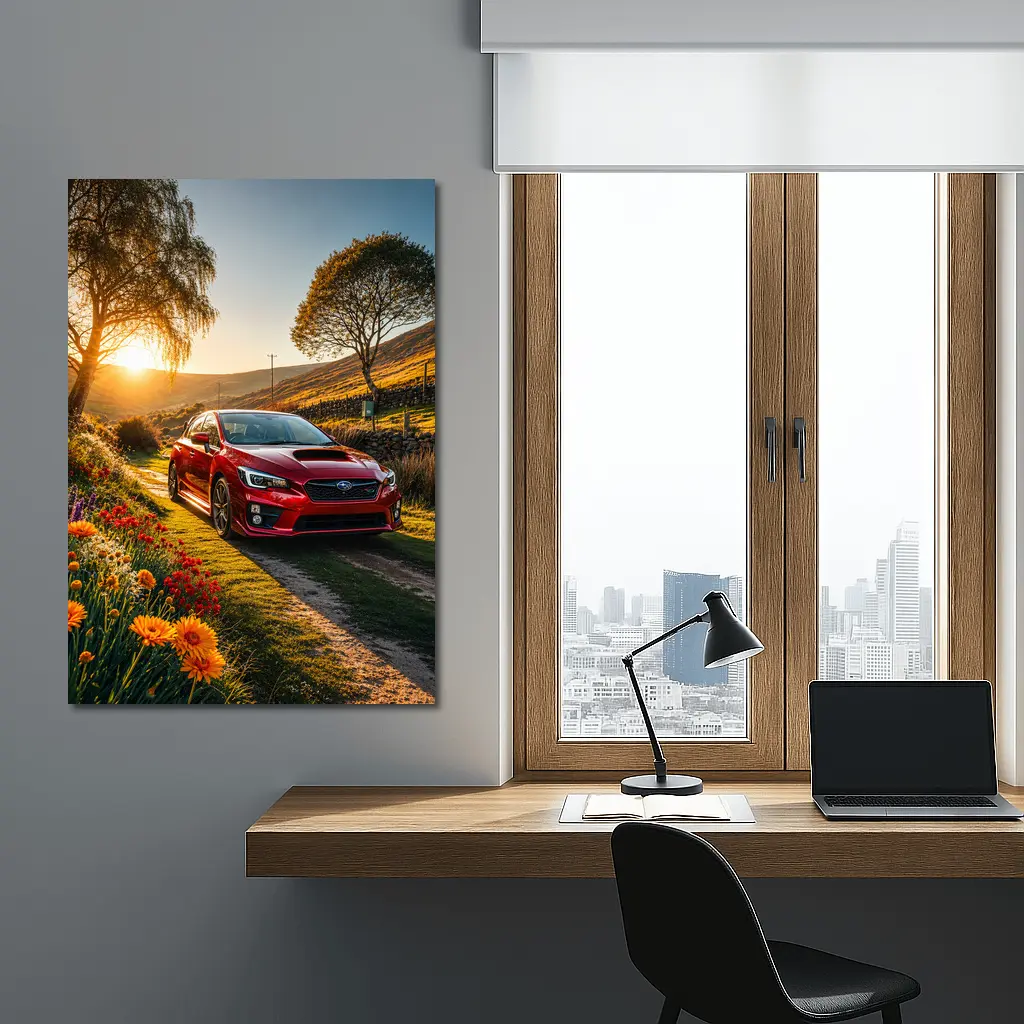 Subaru WRX Red Sedan Rural Sunset Setting – Wall Art