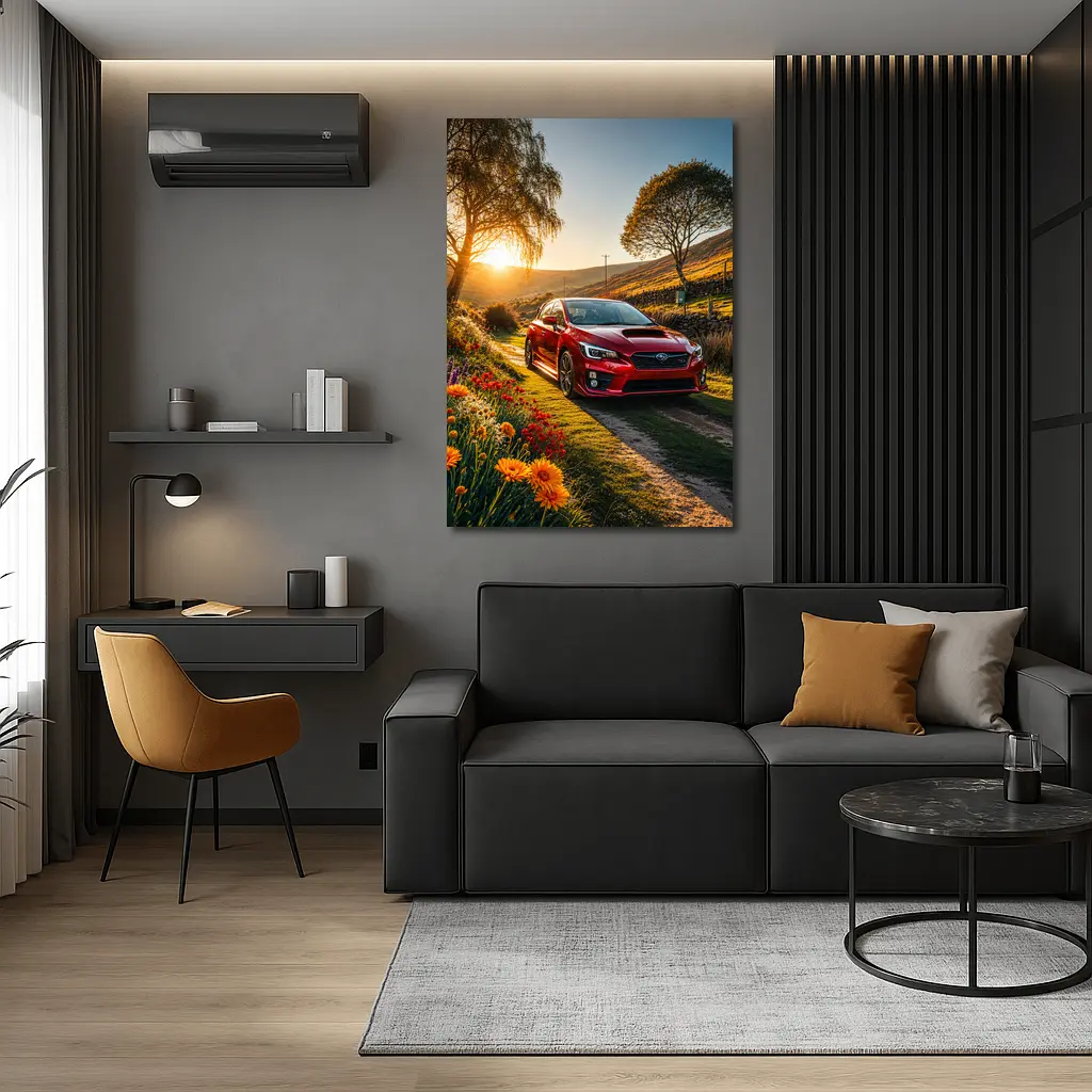 Subaru WRX Red Sedan Rural Sunset Setting – Wall Art