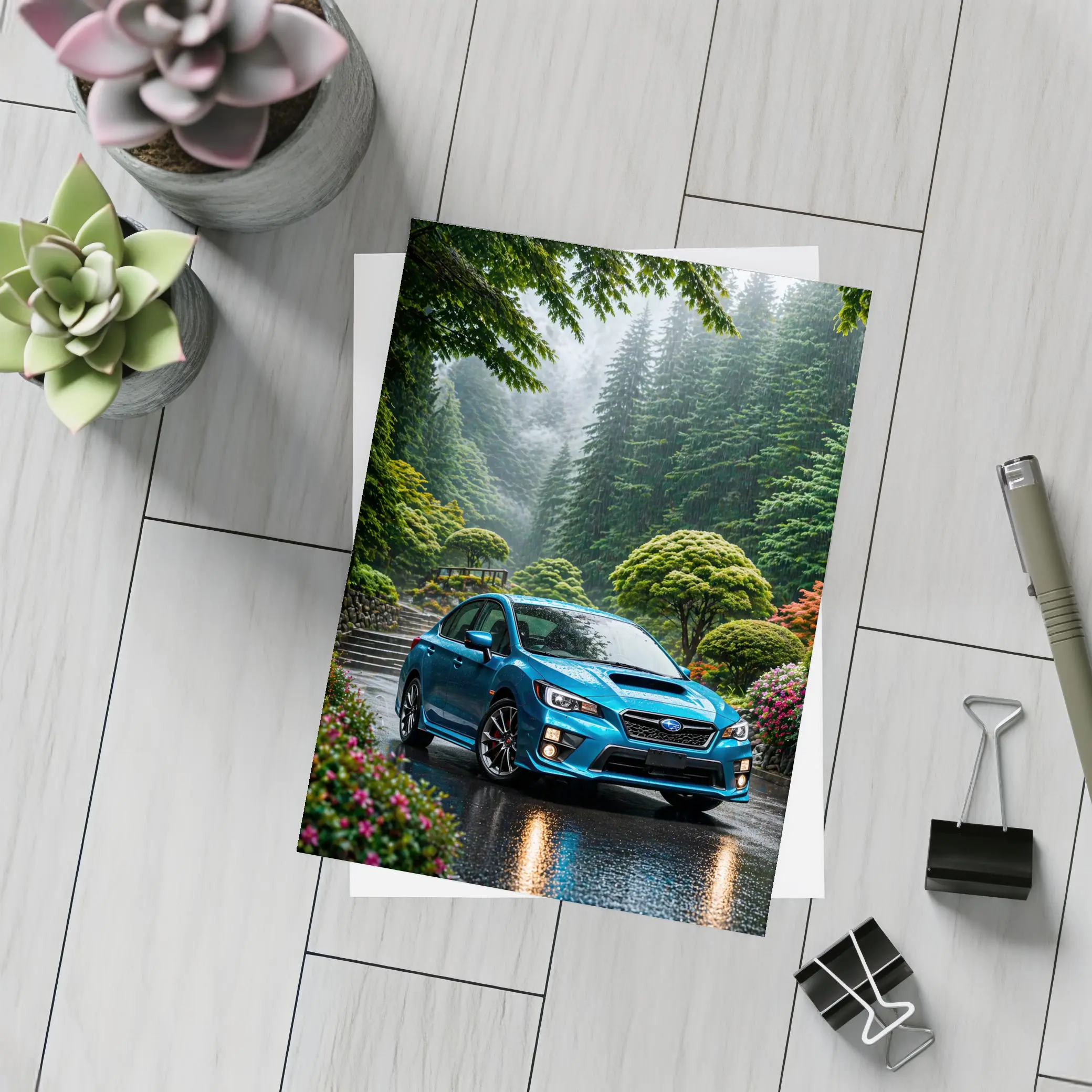 Subaru Impreza WRX Blue Rainy Forest Road – Postcards