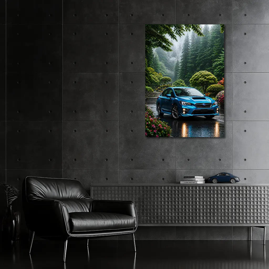 Subaru Impreza WRX Blue Rainy Forest Road – Wall Art