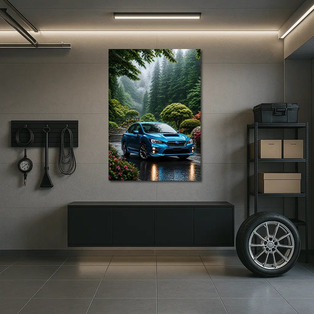 Subaru Impreza WRX Blue Rainy Forest Road – Wall Art