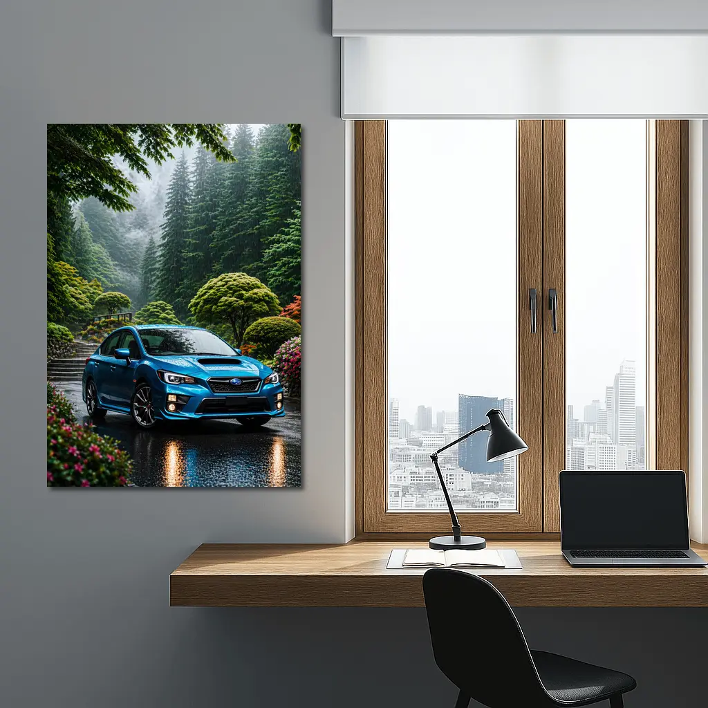 Subaru Impreza WRX Blue Rainy Forest Road – Wall Art