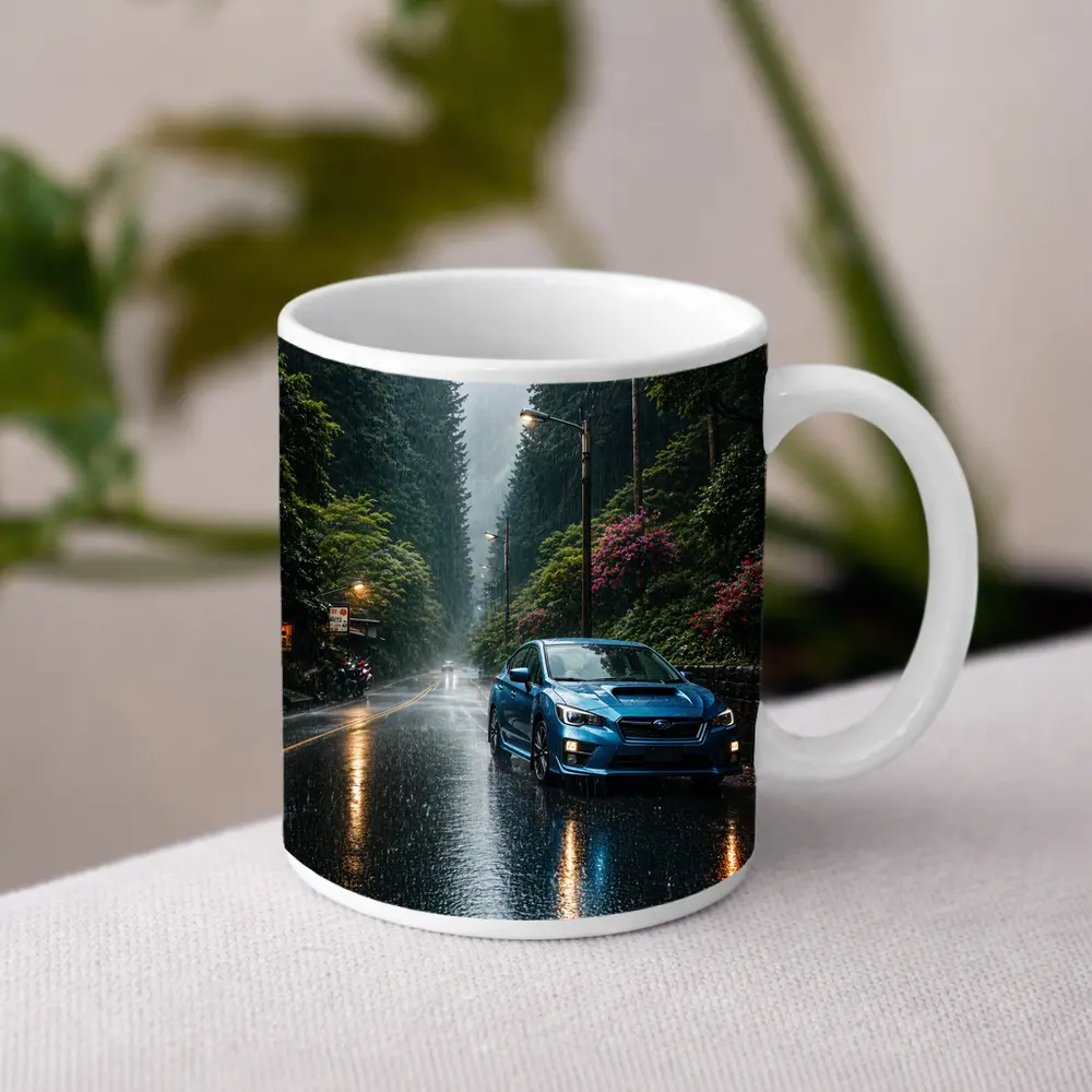 Subaru Impreza WRX Blue Rainy Forest Road – Mugs