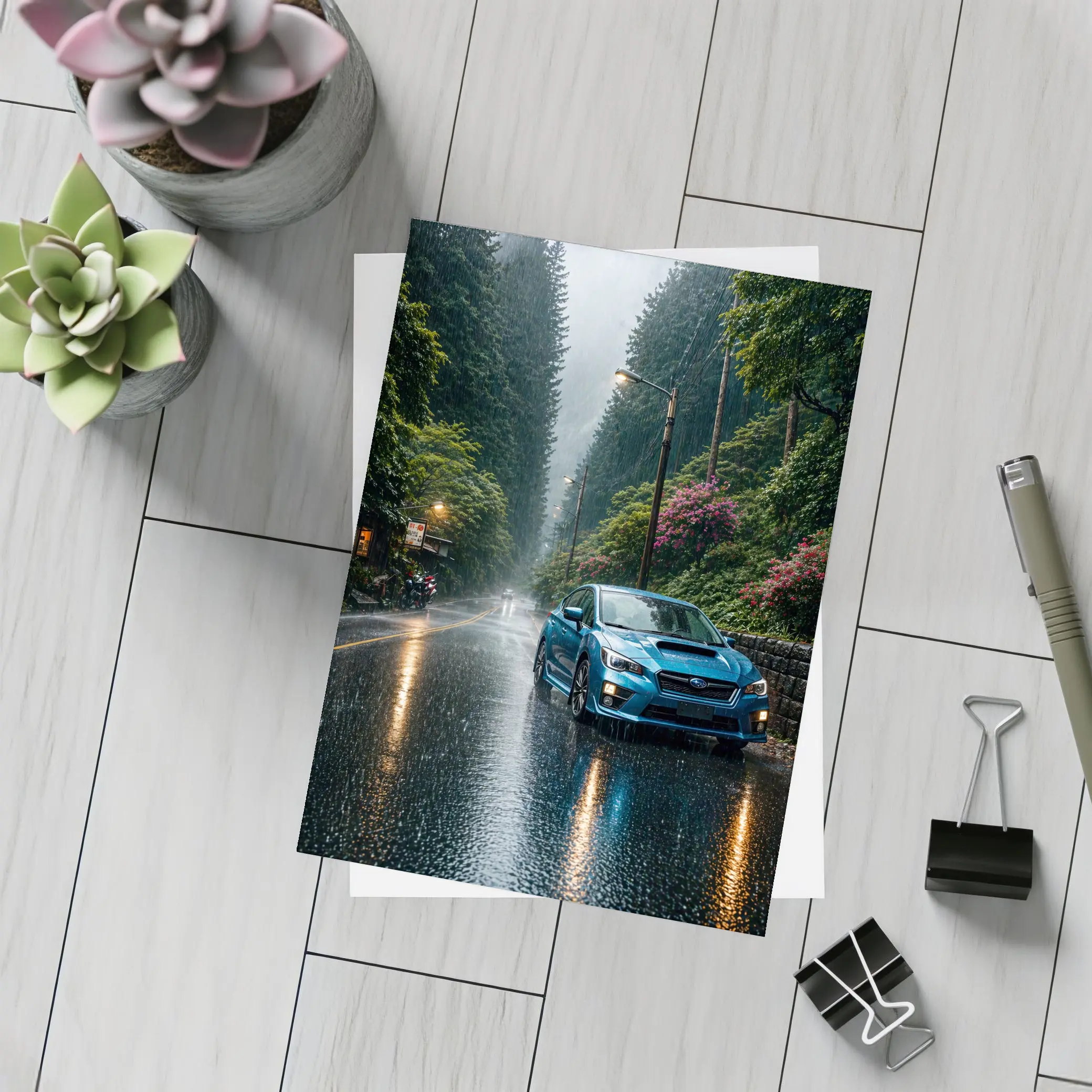 Subaru Impreza WRX Blue Rainy Forest Road – Postcards