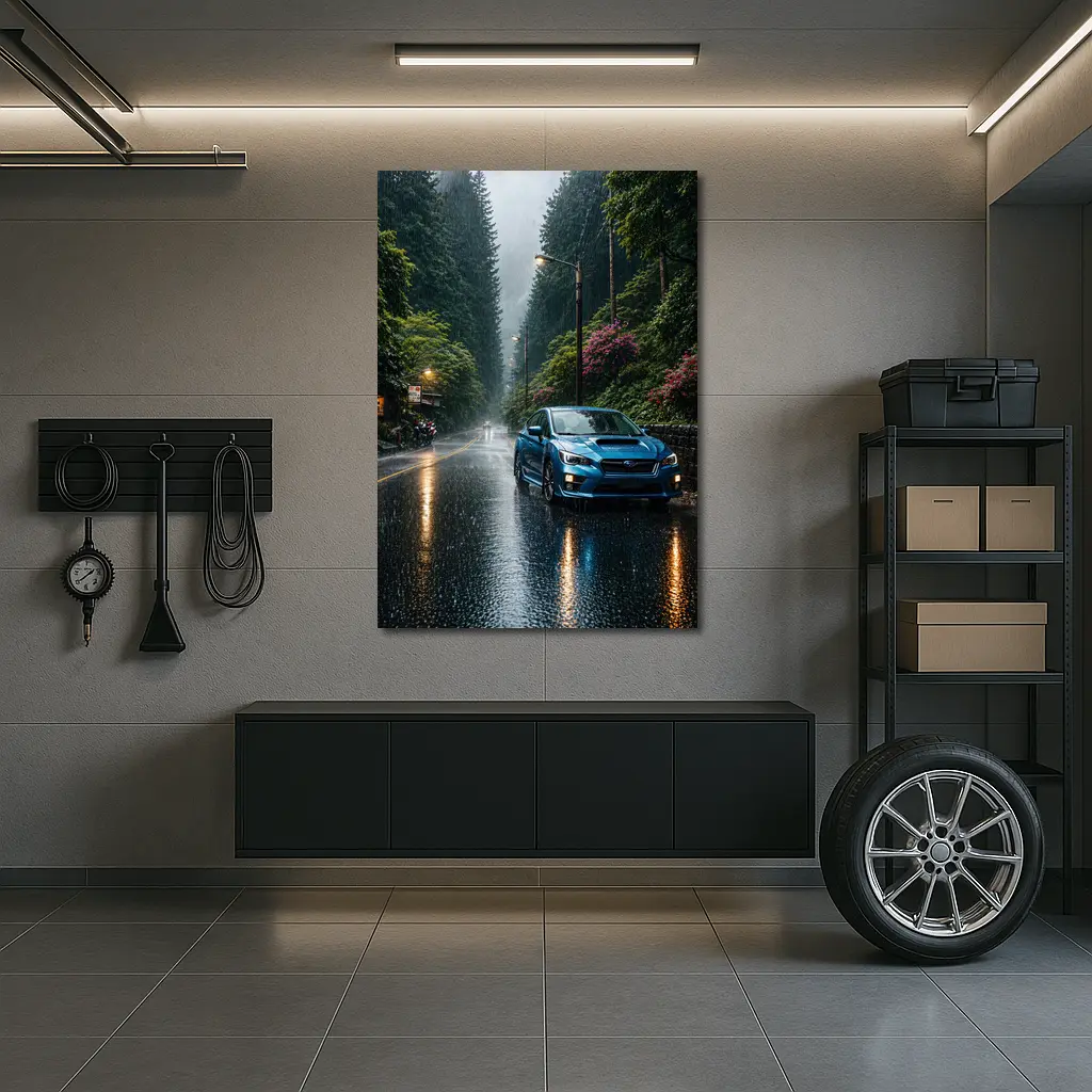 Subaru Impreza WRX Blue Rainy Forest Road – Wall Art