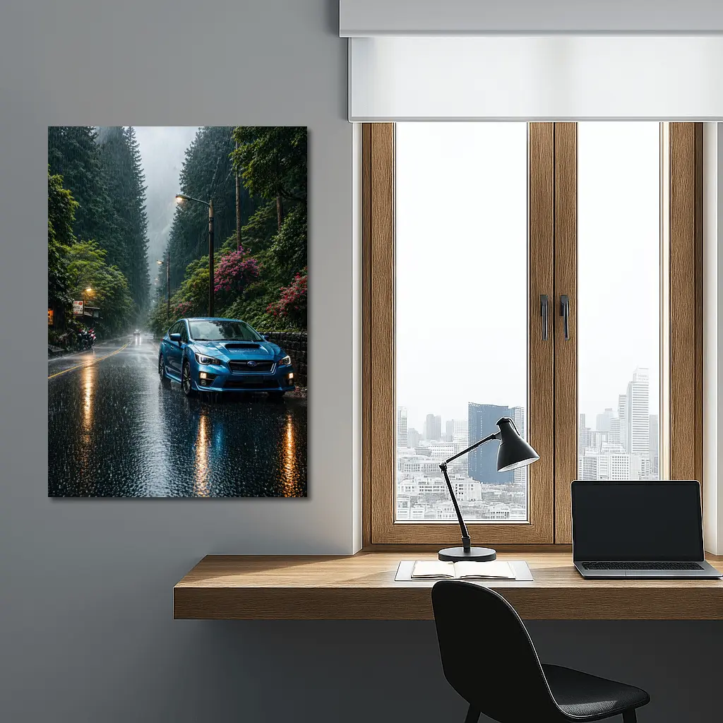 Subaru Impreza WRX Blue Rainy Forest Road – Wall Art