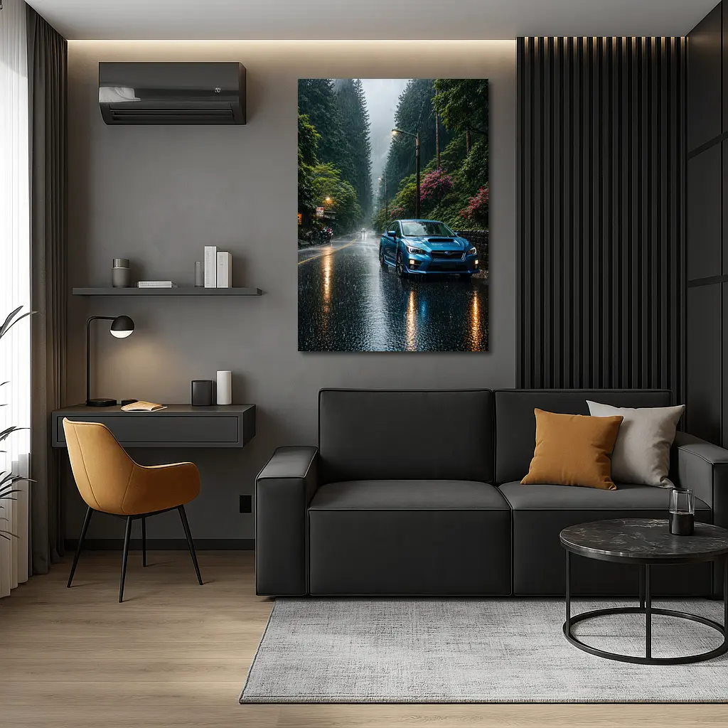 Subaru Impreza WRX Blue Rainy Forest Road – Wall Art