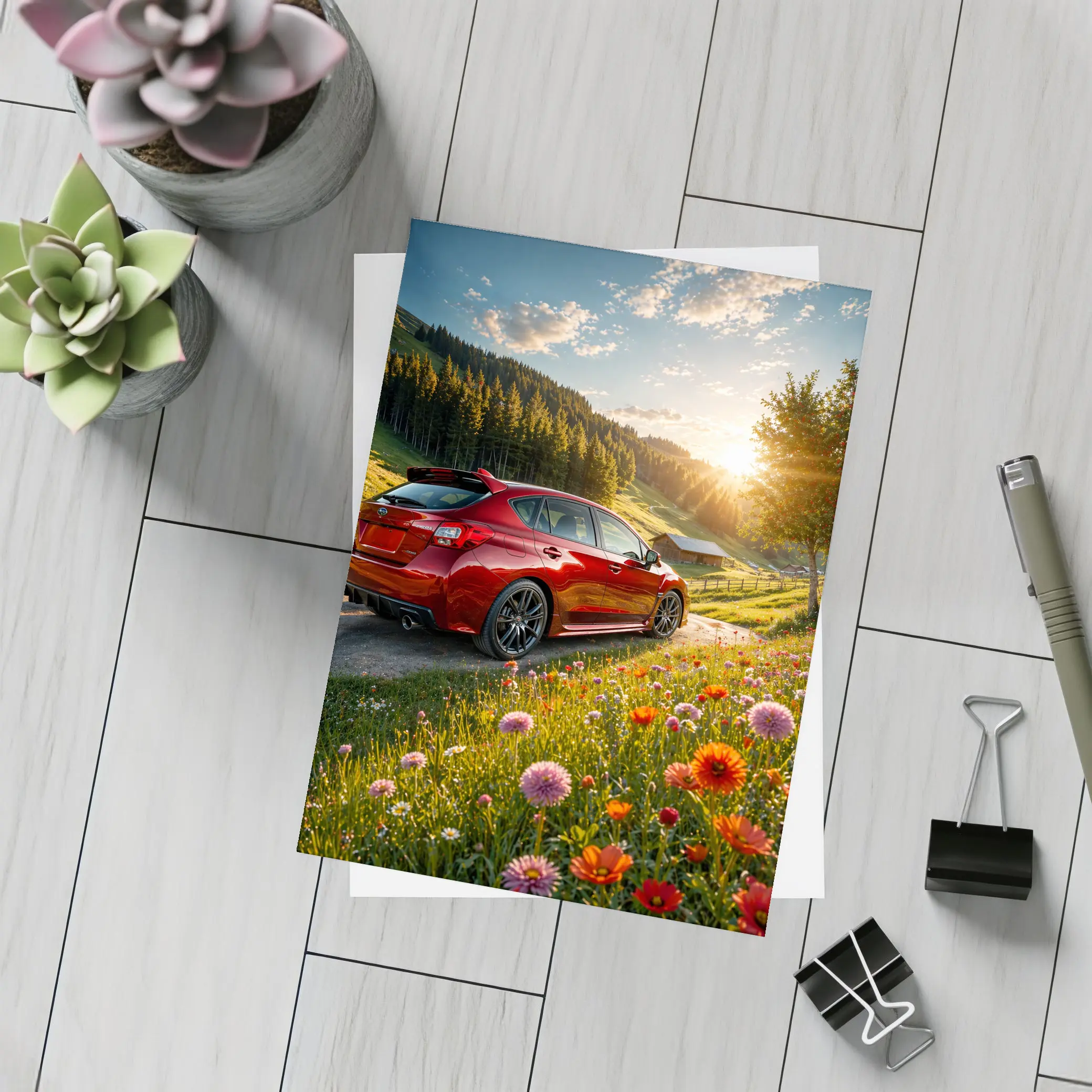 Subaru Impreza WRX Red Sunny Meadow – Postcards