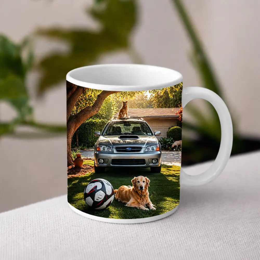 Subaru Legacy Golden Retriever Sunny Driveway – Mugs