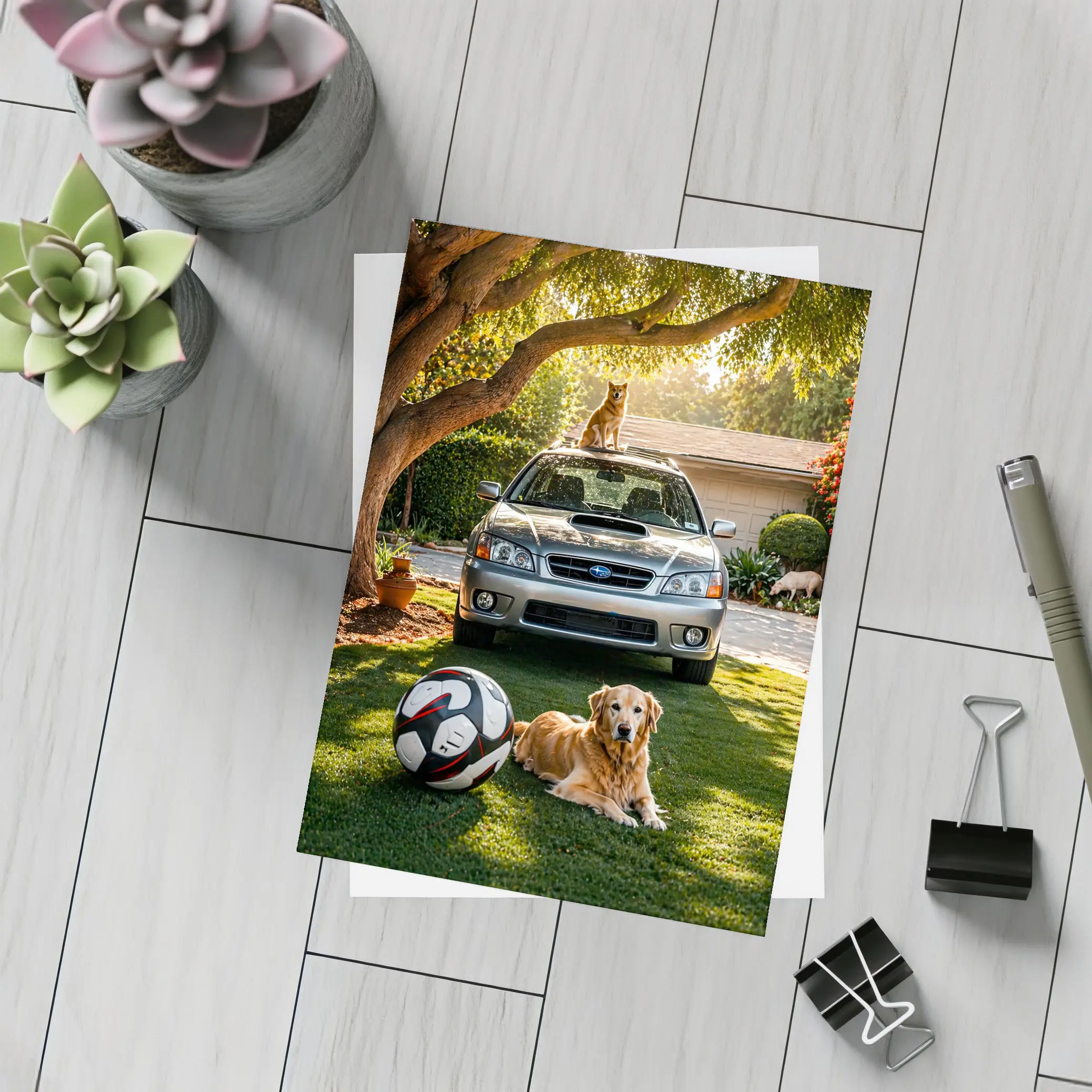 Subaru Legacy Golden Retriever Sunny Driveway – Postcards