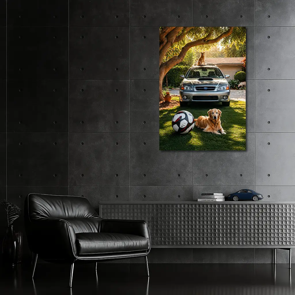 Subaru Legacy Golden Retriever Sunny Driveway – Wall Art