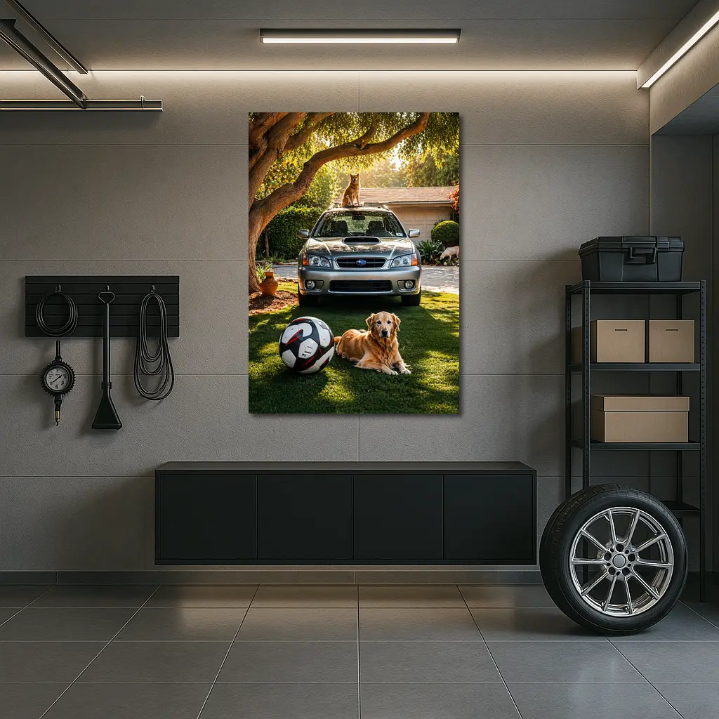 Subaru Legacy Golden Retriever Sunny Driveway – Wall Art