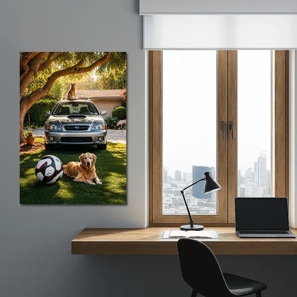 Subaru Legacy Golden Retriever Sunny Driveway – Wall Art