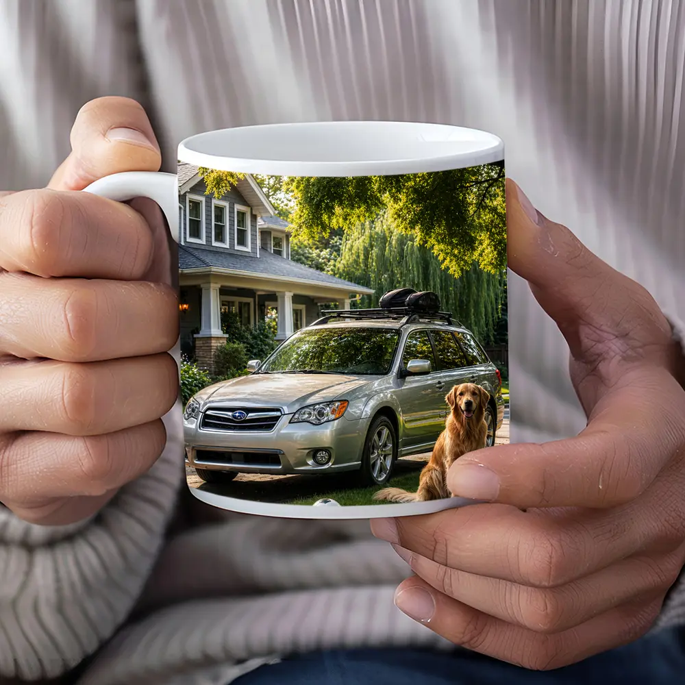 Subaru Outback Golden Retriever Suburban Driveway – Mugs