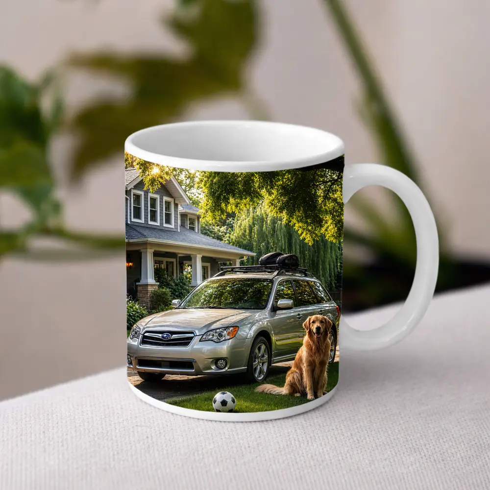 Subaru Outback Golden Retriever Suburban Driveway – Mugs