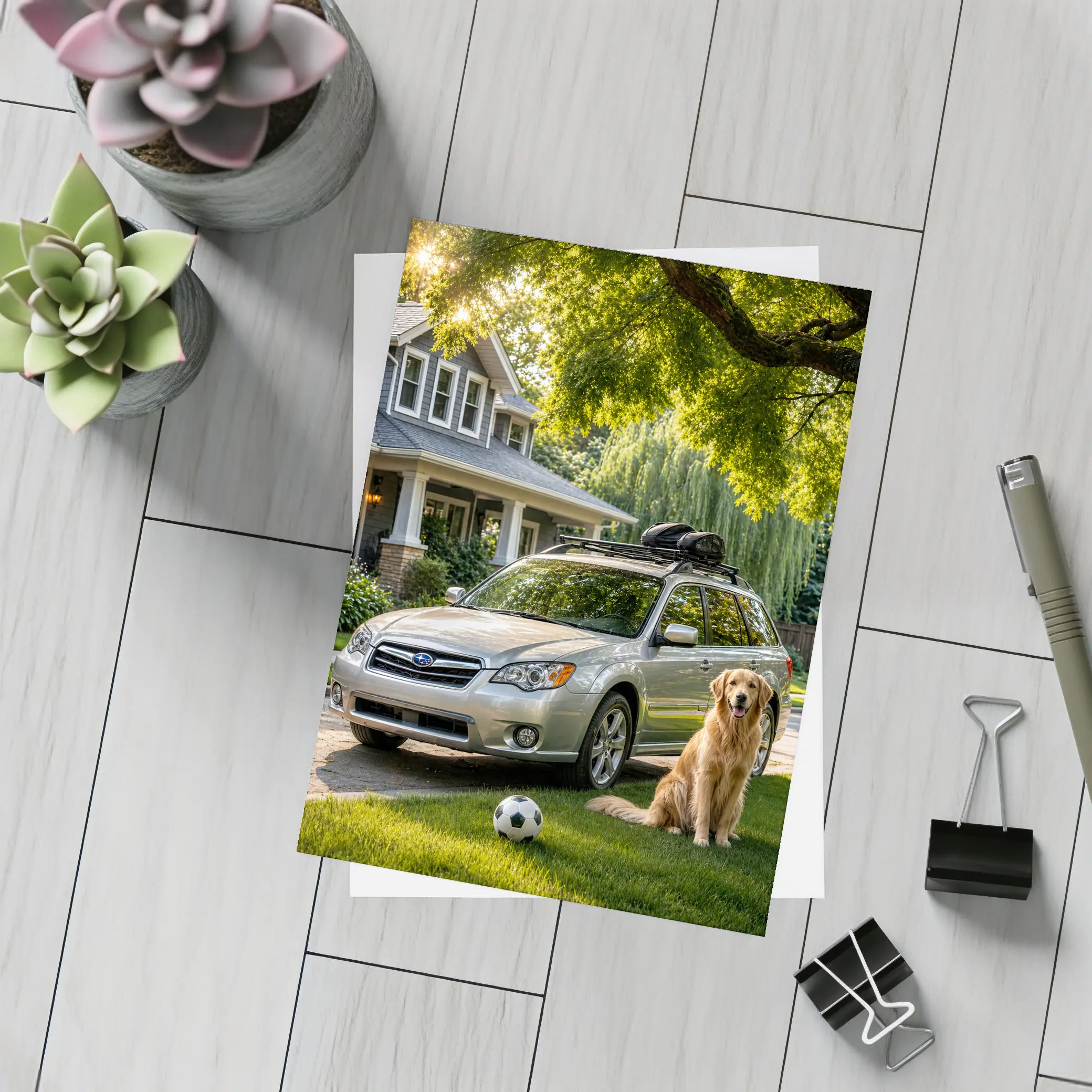 Subaru Outback Golden Retriever Suburban Driveway – Postcards