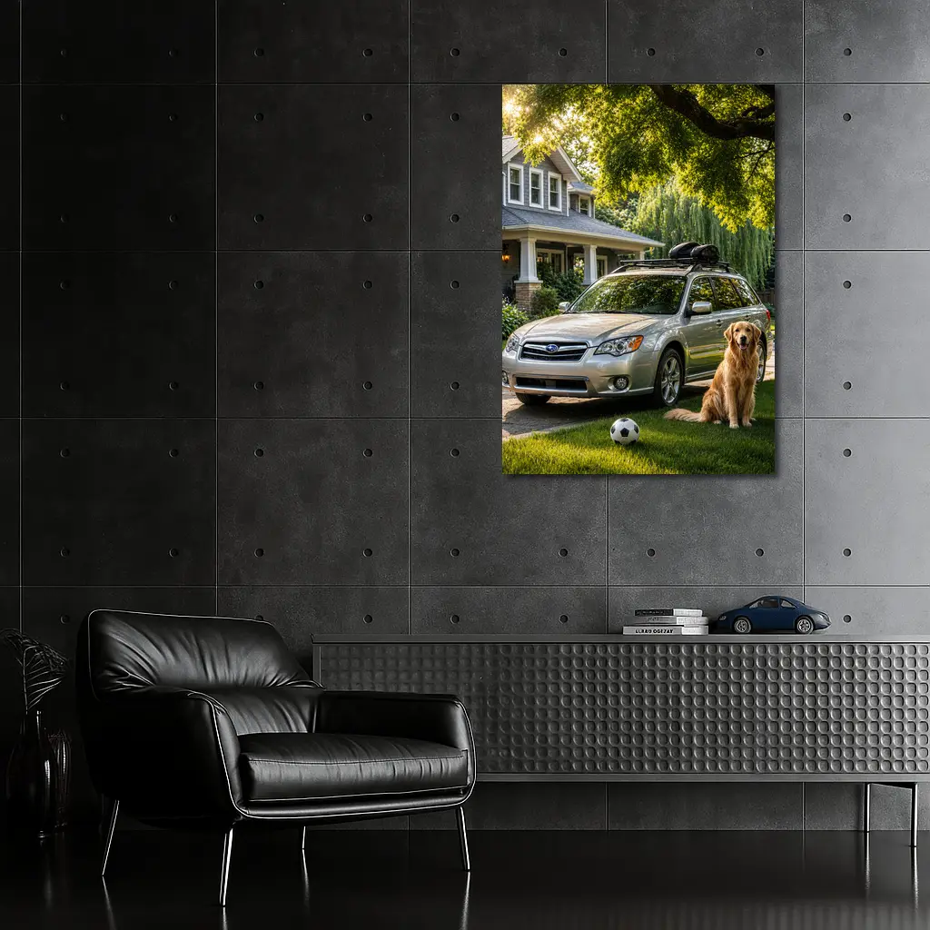 Subaru Outback Golden Retriever Suburban Driveway – Wall Art