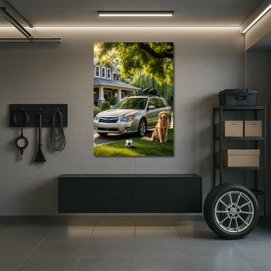 Subaru Outback Golden Retriever Suburban Driveway – Wall Art
