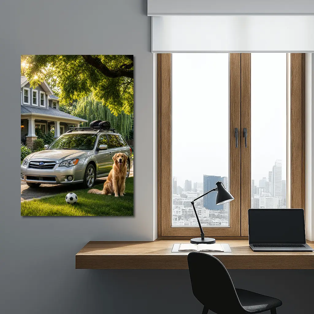 Subaru Outback Golden Retriever Suburban Driveway – Wall Art