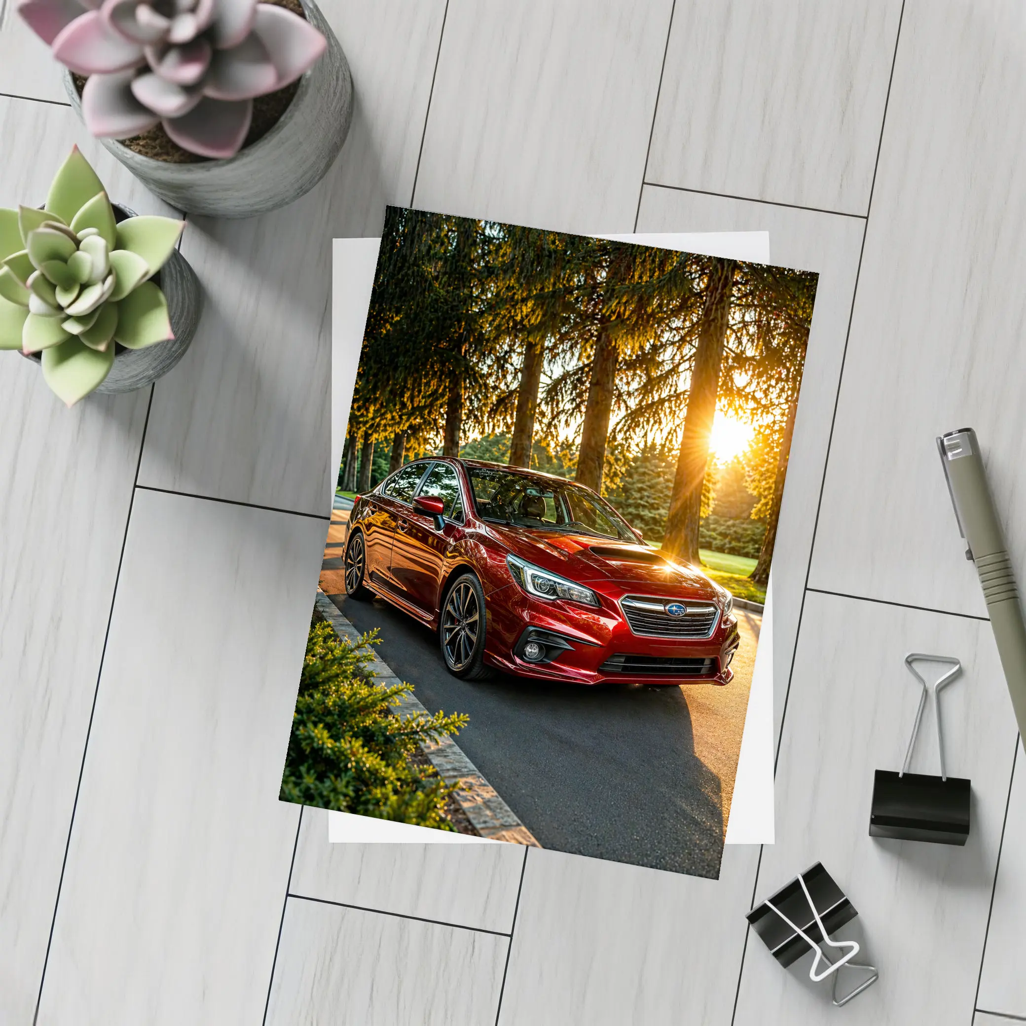 Subaru Legacy Red Sedan Sunset Forest – Postcards