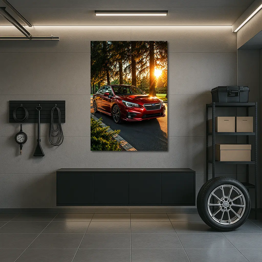 Subaru Legacy Red Sedan Sunset Forest – Wall Art