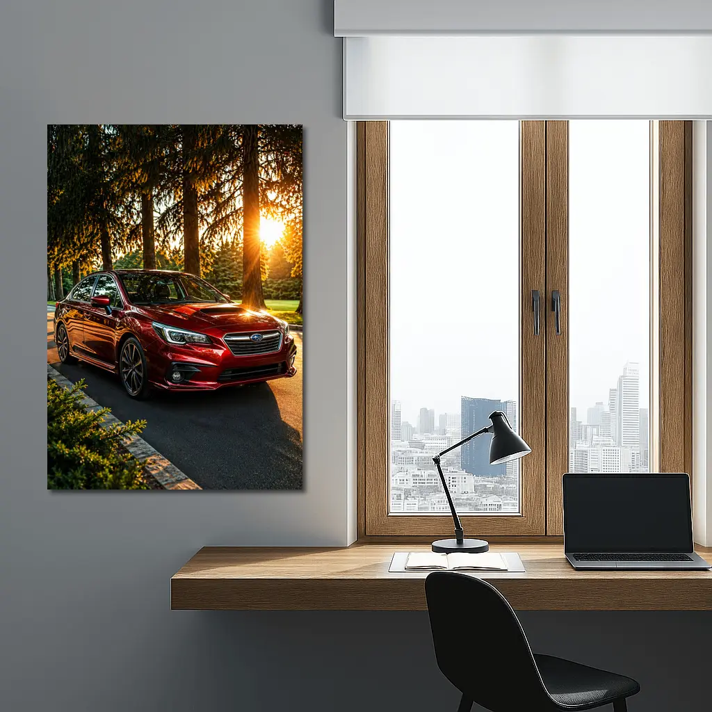 Subaru Legacy Red Sedan Sunset Forest – Wall Art