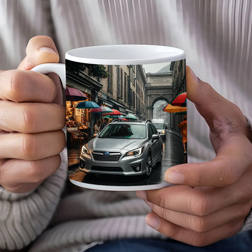 Subaru Legacy Silver Rainy City Street – Mugs
