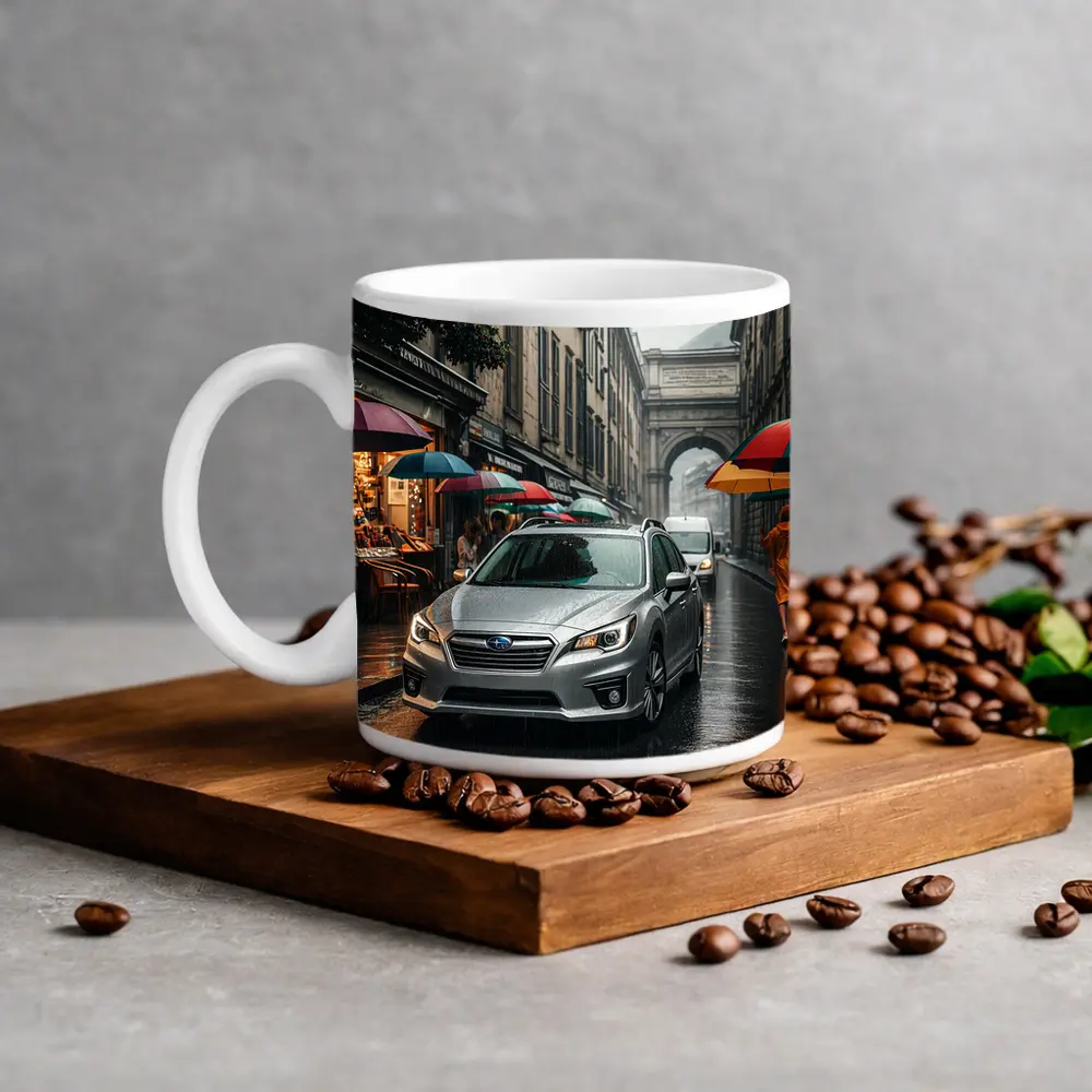 Subaru Legacy Silver Rainy City Street – Mugs