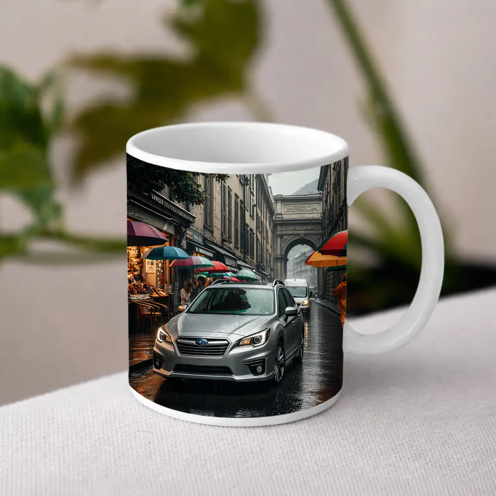Subaru Legacy Silver Rainy City Street – Mugs