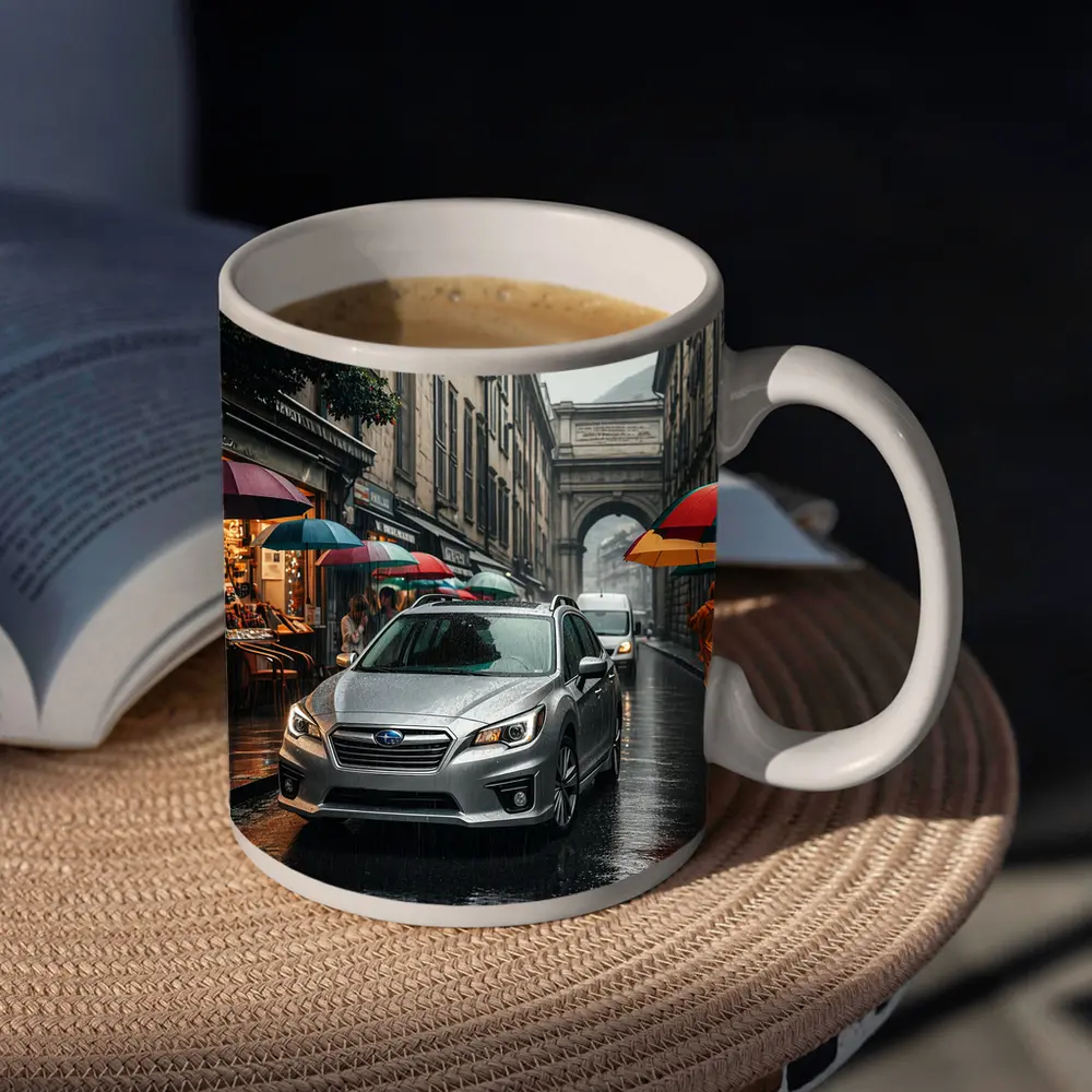 Subaru Legacy Silver Rainy City Street – Mugs