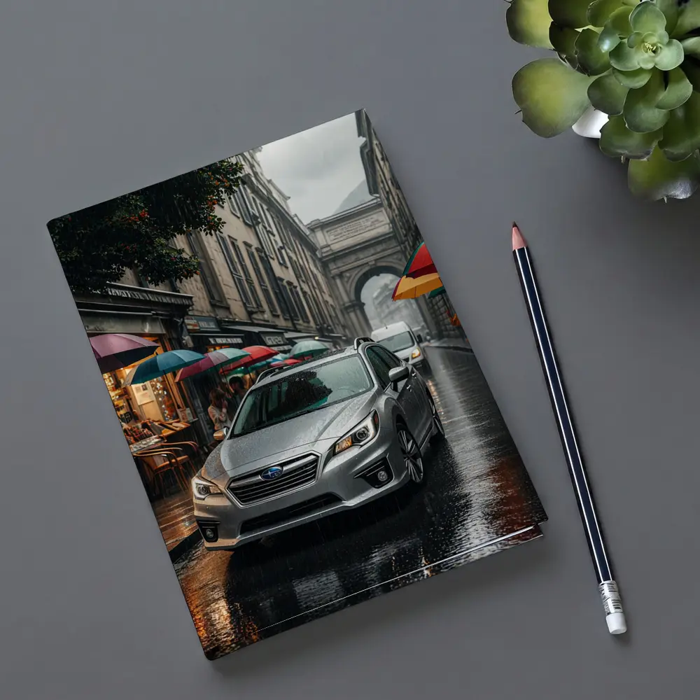 Subaru Legacy Silver Rainy City Street – Notebooks