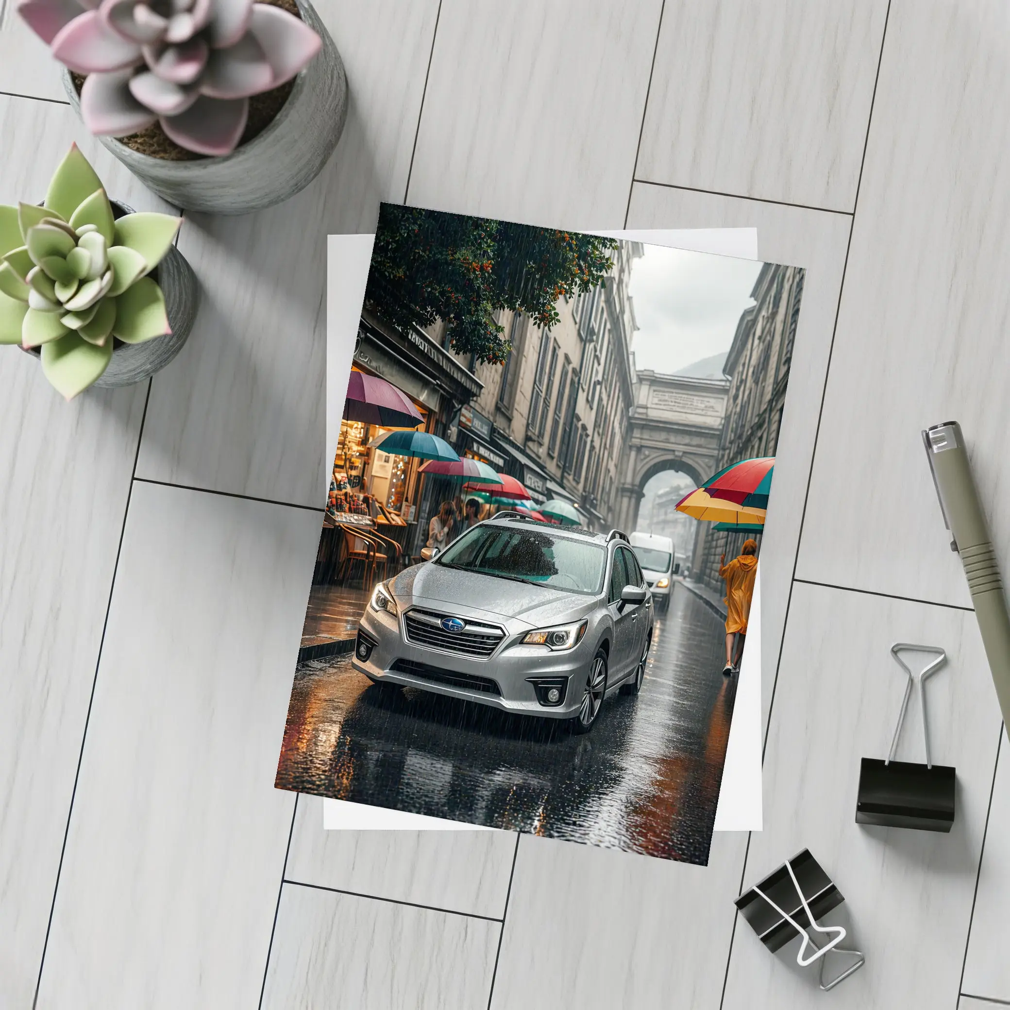 Subaru Legacy Silver Rainy City Street – Postcards