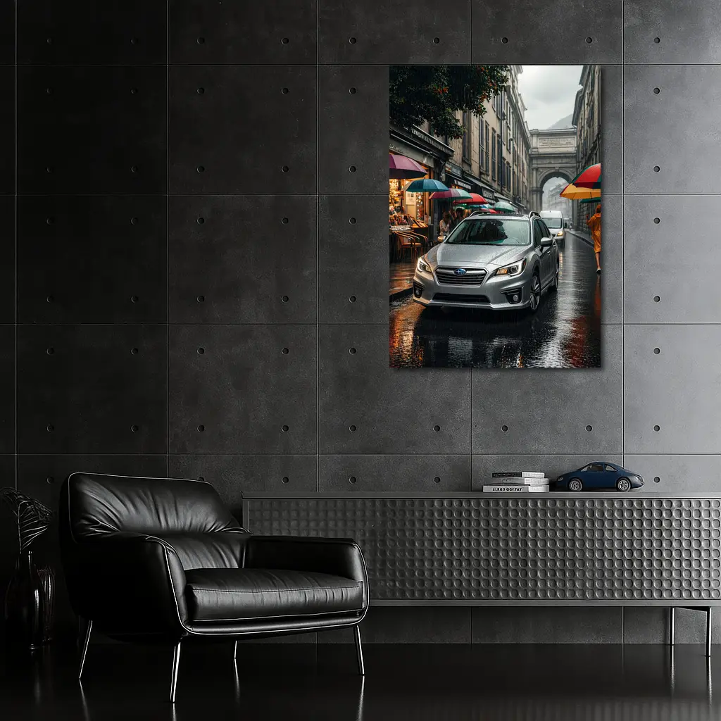 Subaru Legacy Silver Rainy City Street – Wall Art