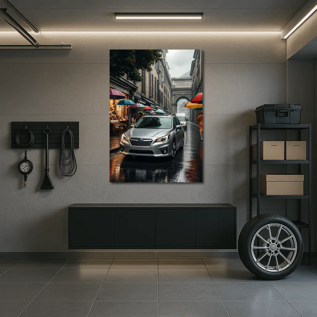 Subaru Legacy Silver Rainy City Street – Wall Art