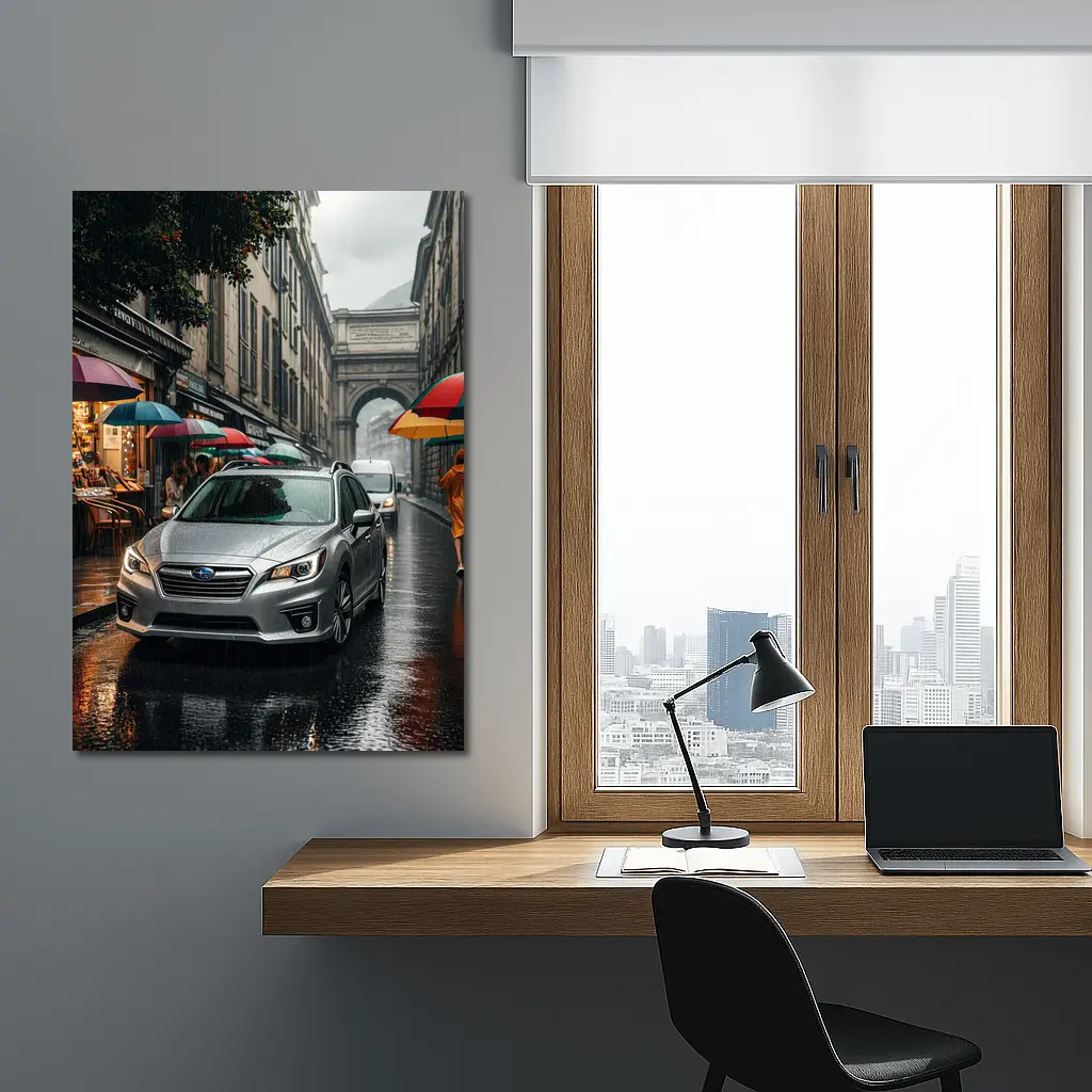 Subaru Legacy Silver Rainy City Street – Wall Art