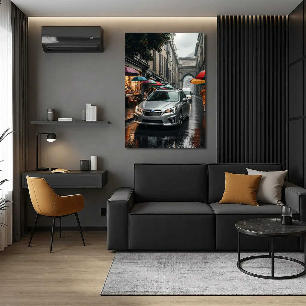 Subaru Legacy Silver Rainy City Street – Wall Art