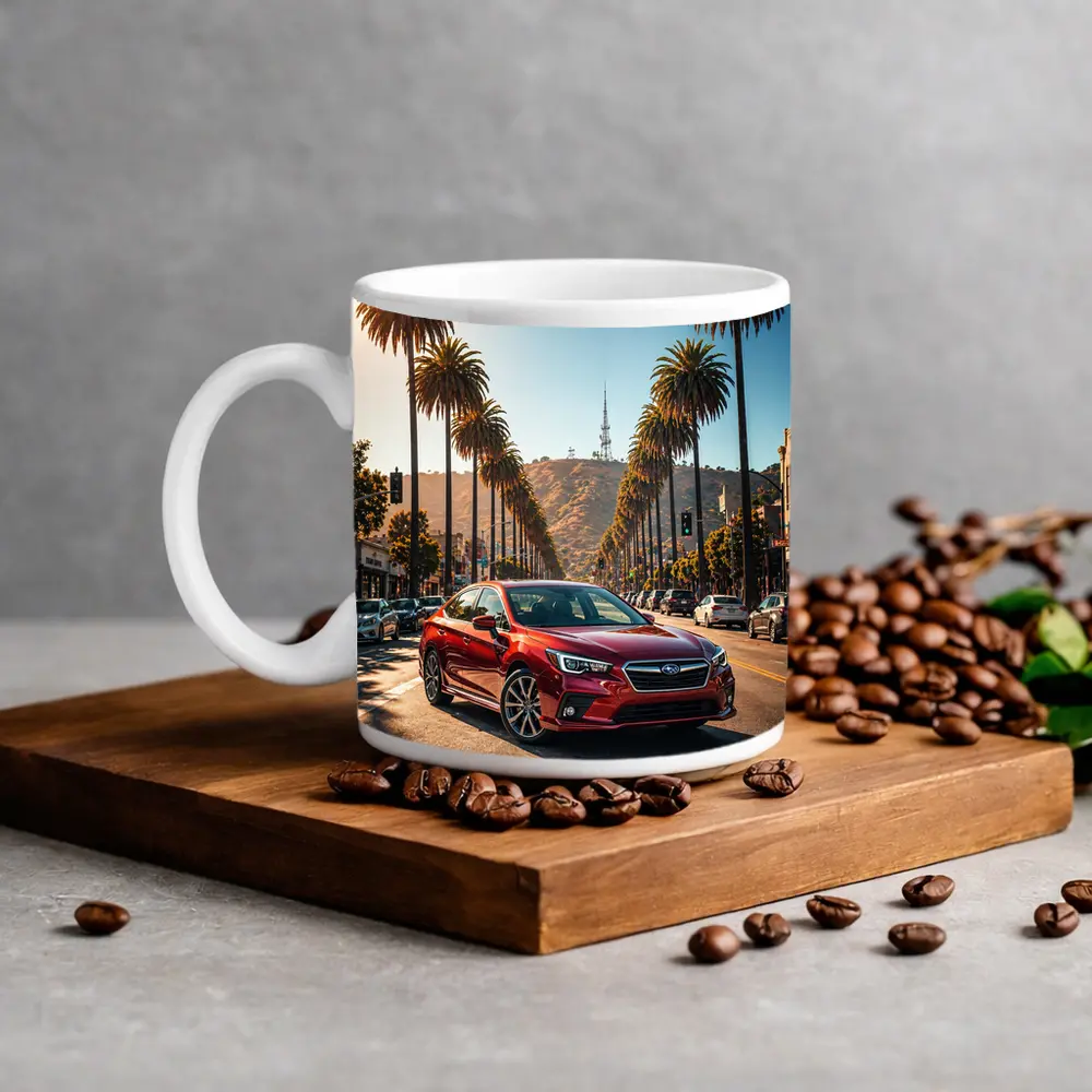 Subaru Legacy Red Car Los Angeles Street – Mugs