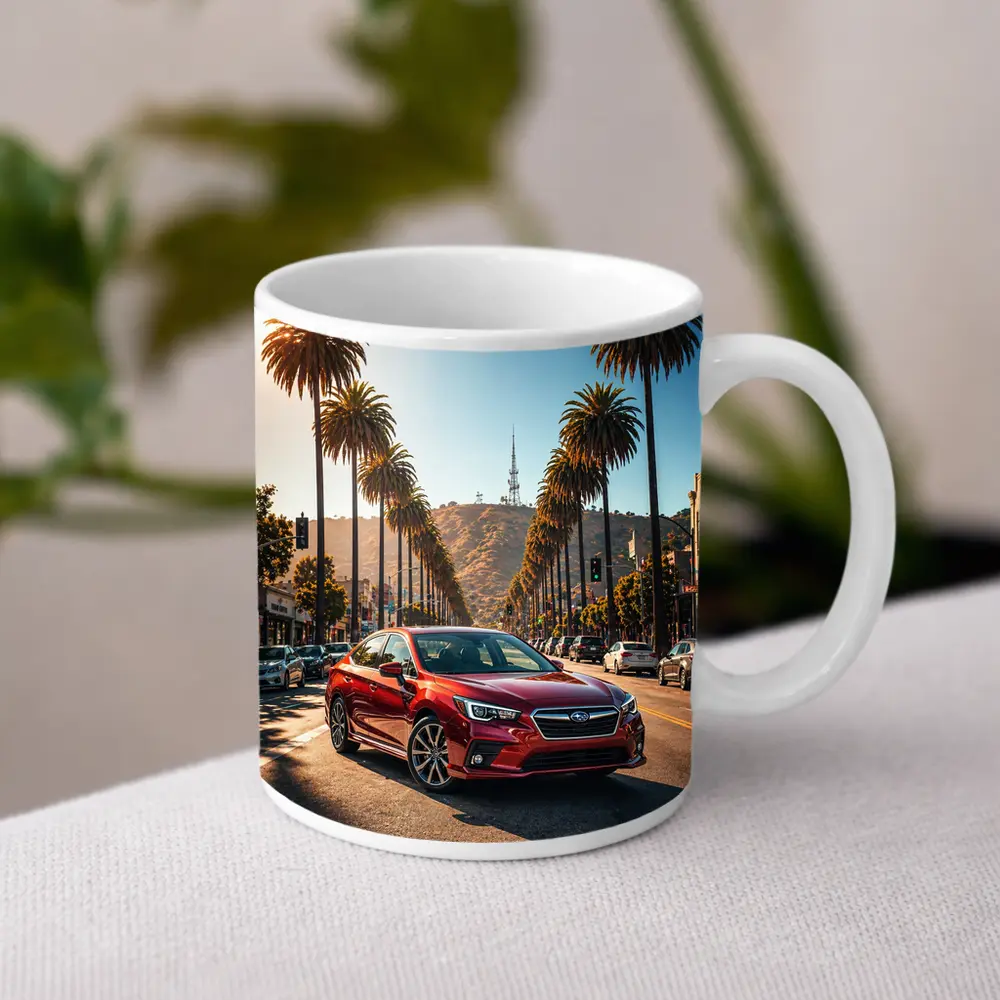 Subaru Legacy Red Car Los Angeles Street – Mugs