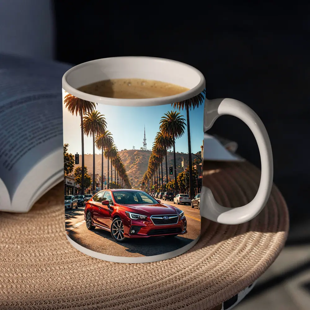 Subaru Legacy Red Car Los Angeles Street – Mugs