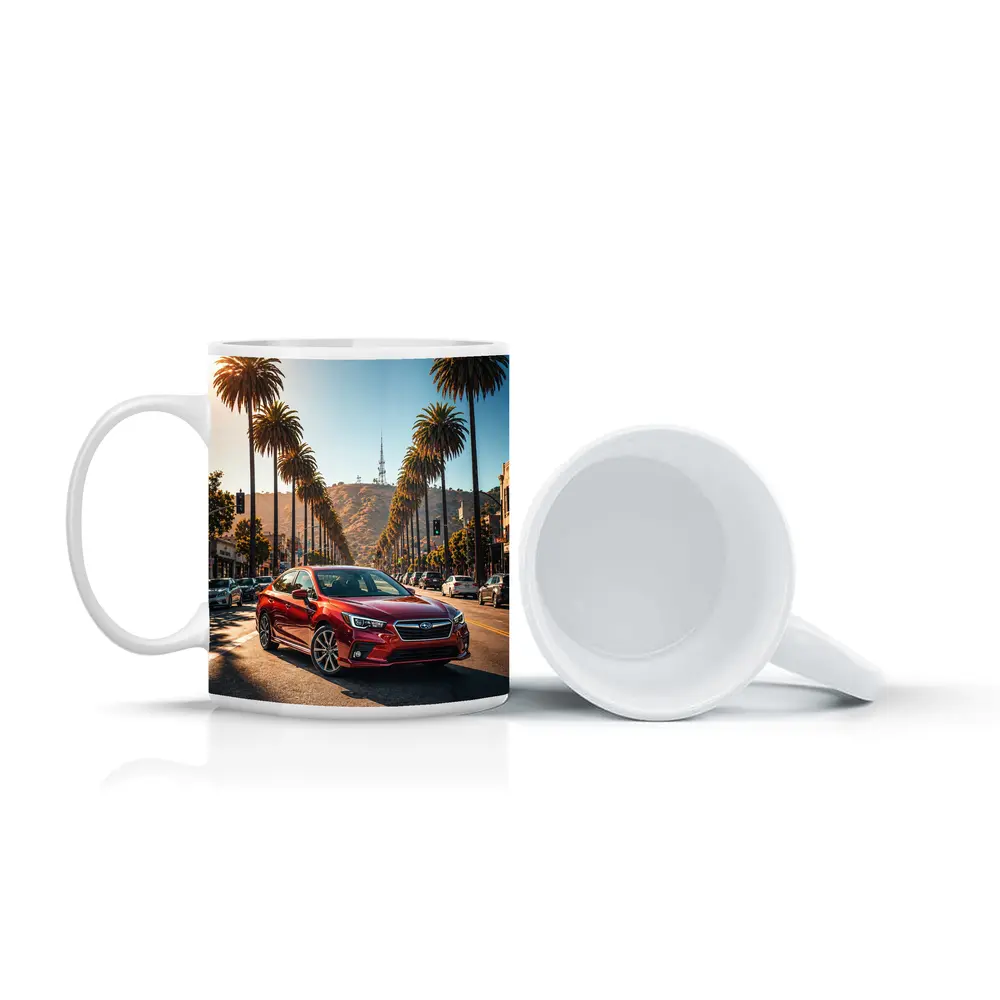 Subaru Legacy Red Car Los Angeles Street – Mugs