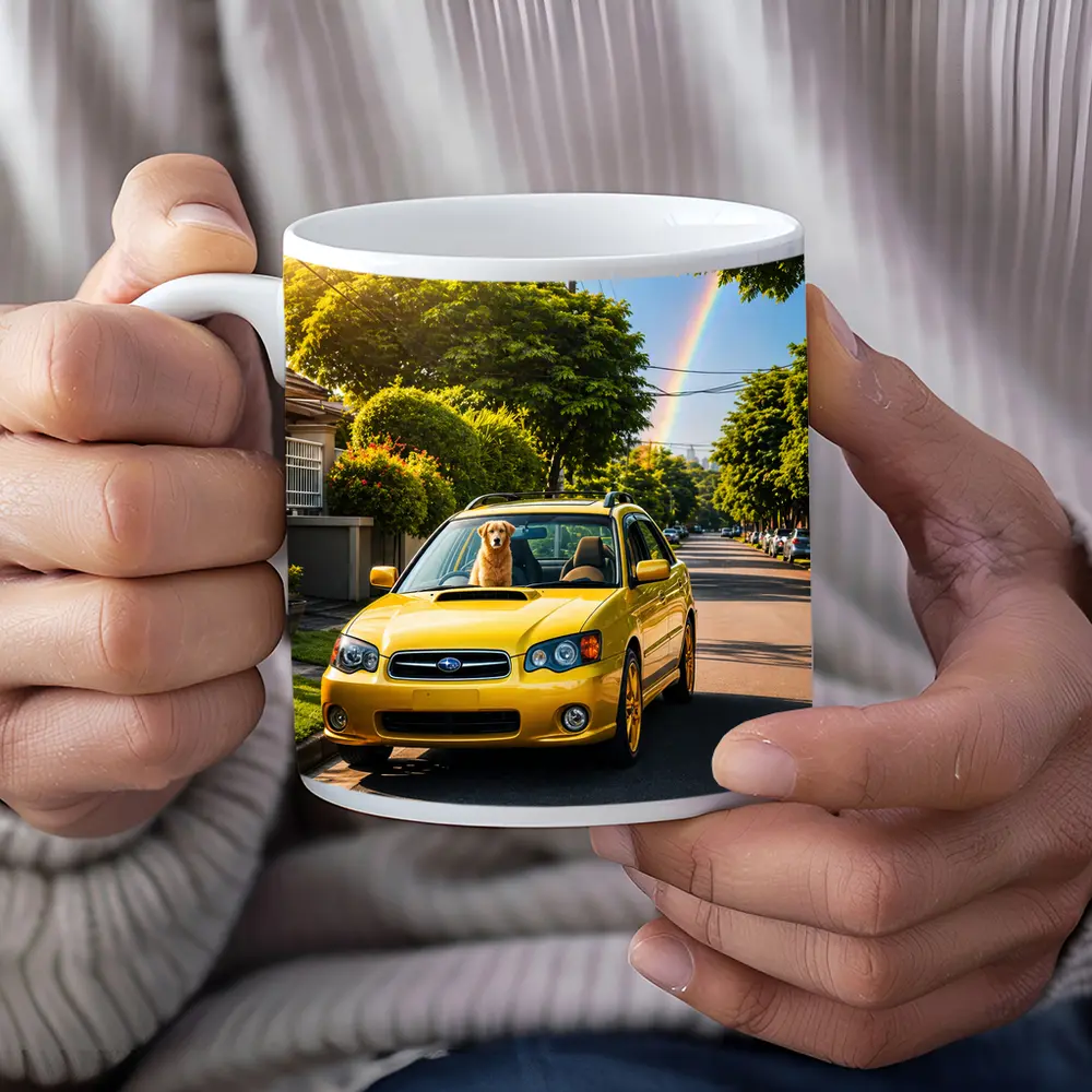 Yellow Subaru Legacy Golden Retriever Suburban Street – Mugs