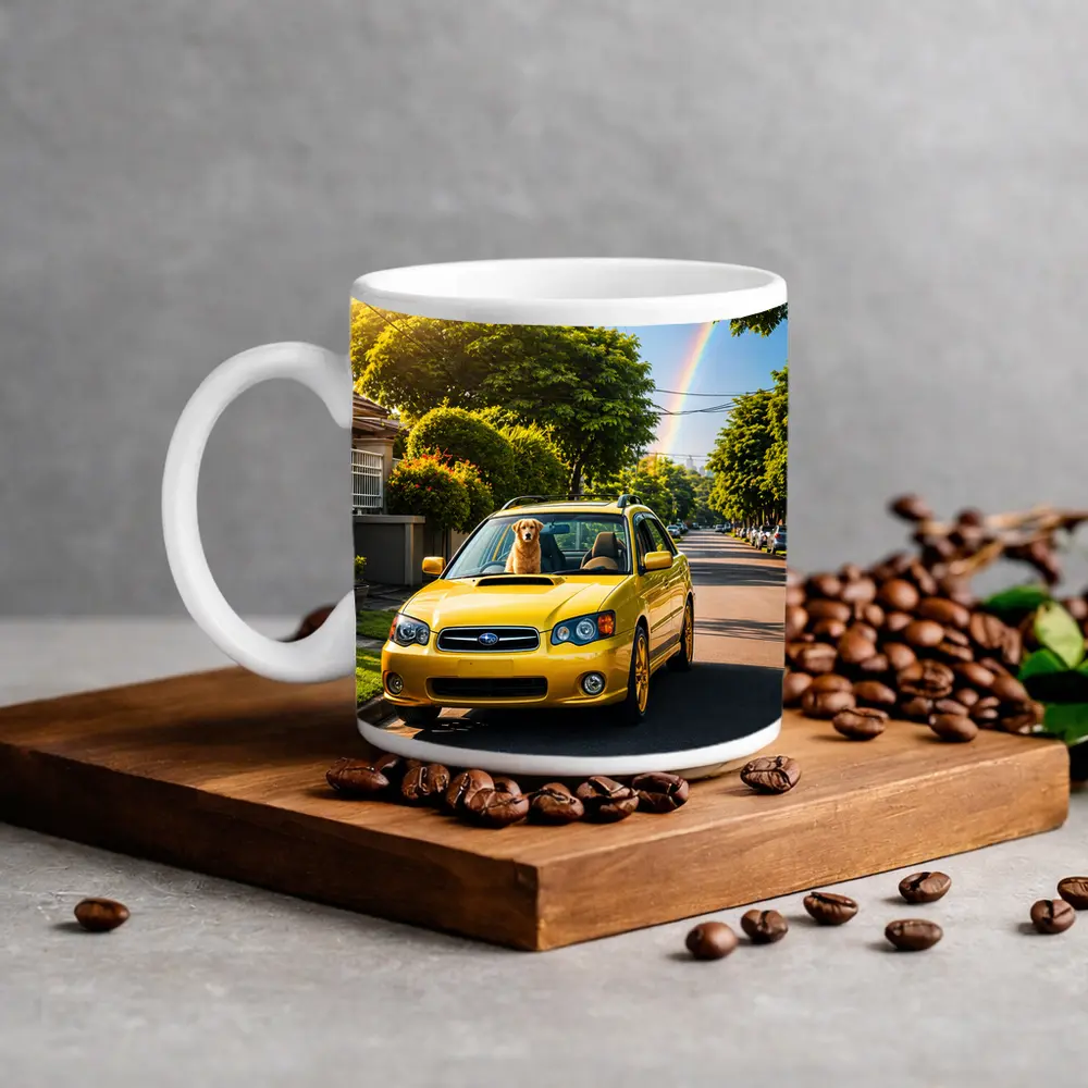 Yellow Subaru Legacy Golden Retriever Suburban Street – Mugs